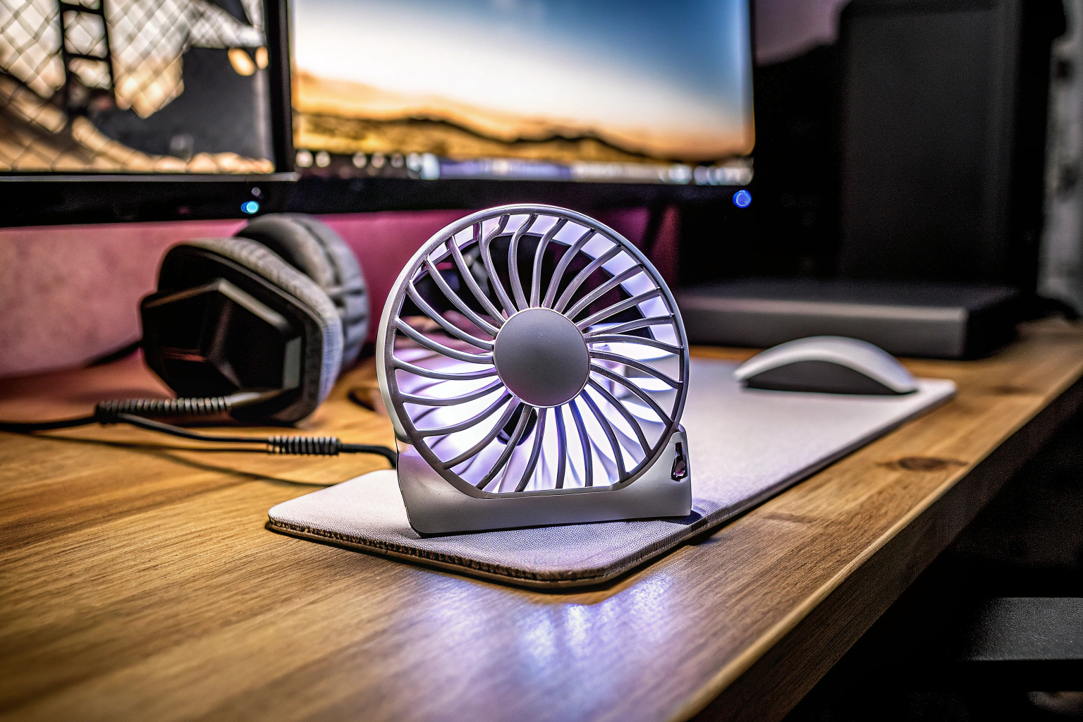 Kompakter USB-Ventilator mit RGB-Licht auf einem Schreibtisch. USB-Ventilator mit RGB-Licht