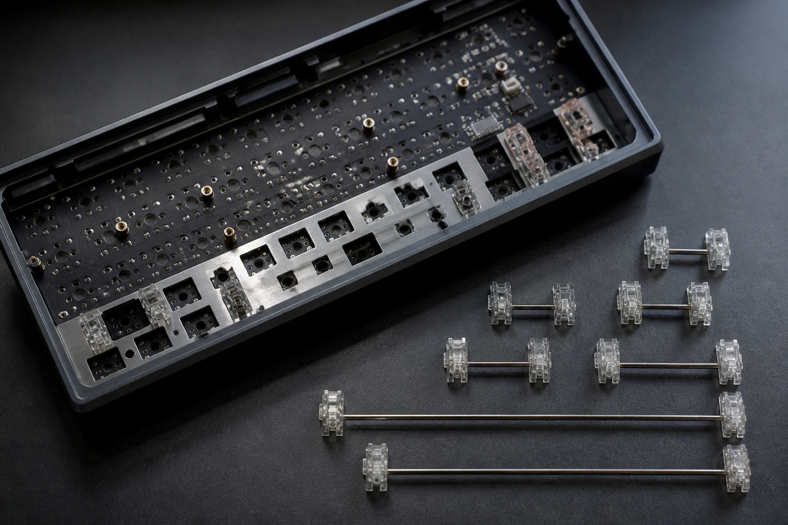 PCB und Platte einer mechanischen Tastatur mit Ersatzstabilisatoren