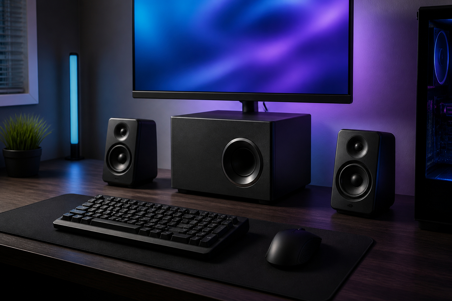 Gaming-Schreibtisch mit PC-Lautsprechern und Subwoofer