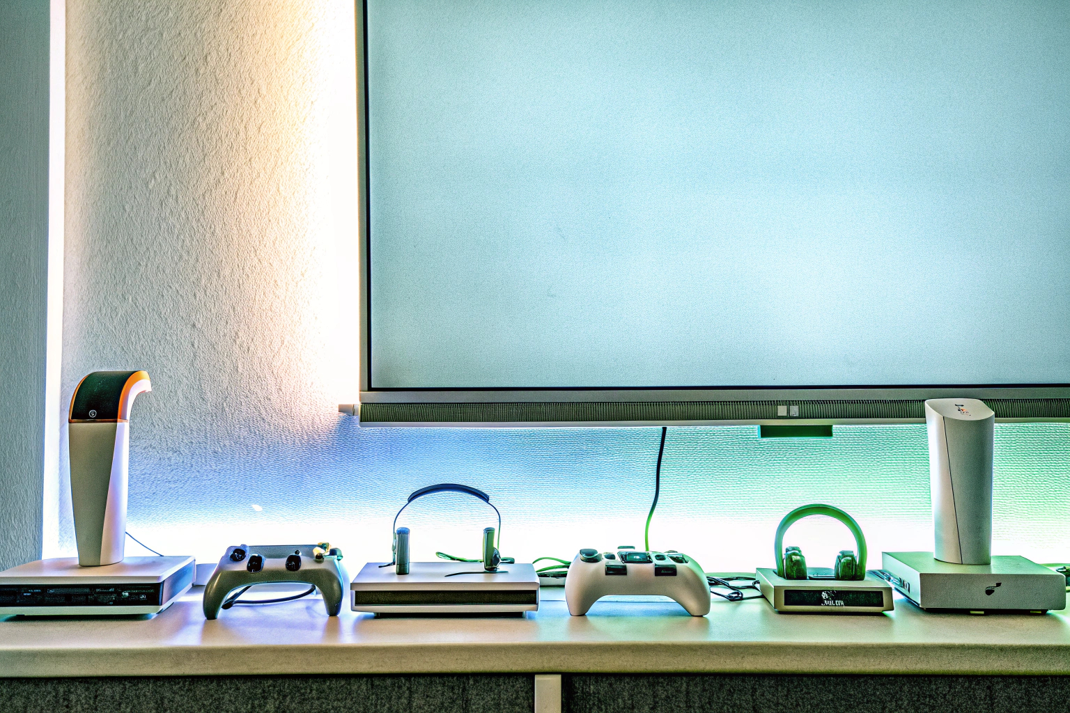 Moderner Gaming-Raum mit mehreren Konsolen und Spielezubehör. Moderner Gaming-Raum