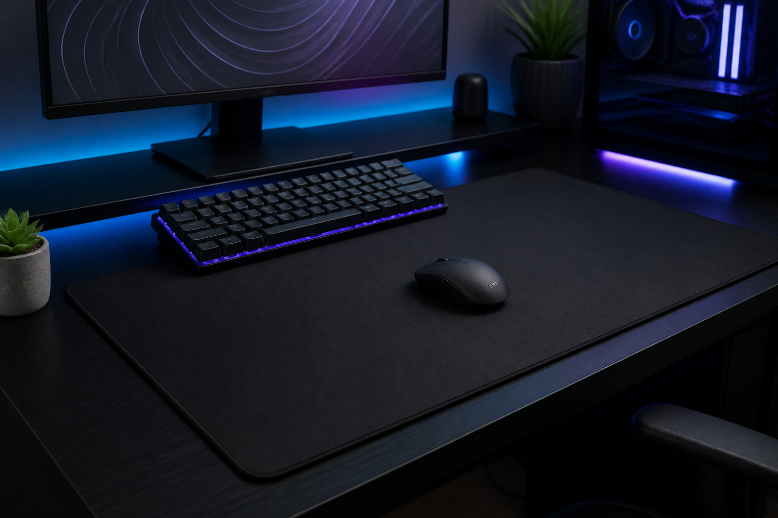 Gaming-Schreibtisch mit großem Mauspad und dezenter RGB-Beleuchtung