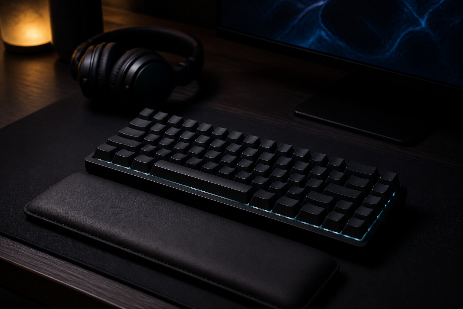 Leise Gaming-Tastatur auf Schreibtisch bei nächtlicher Gaming-Session