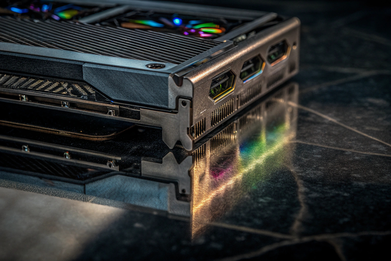 Nahaufnahme einer Grafikkarte mit moderner Kühlösung und RGB-Beleuchtung, die die Leistungsfähigkeit und das Design moderner Hardware zeigt. Moderne Grafikkarte mit Kühlösung