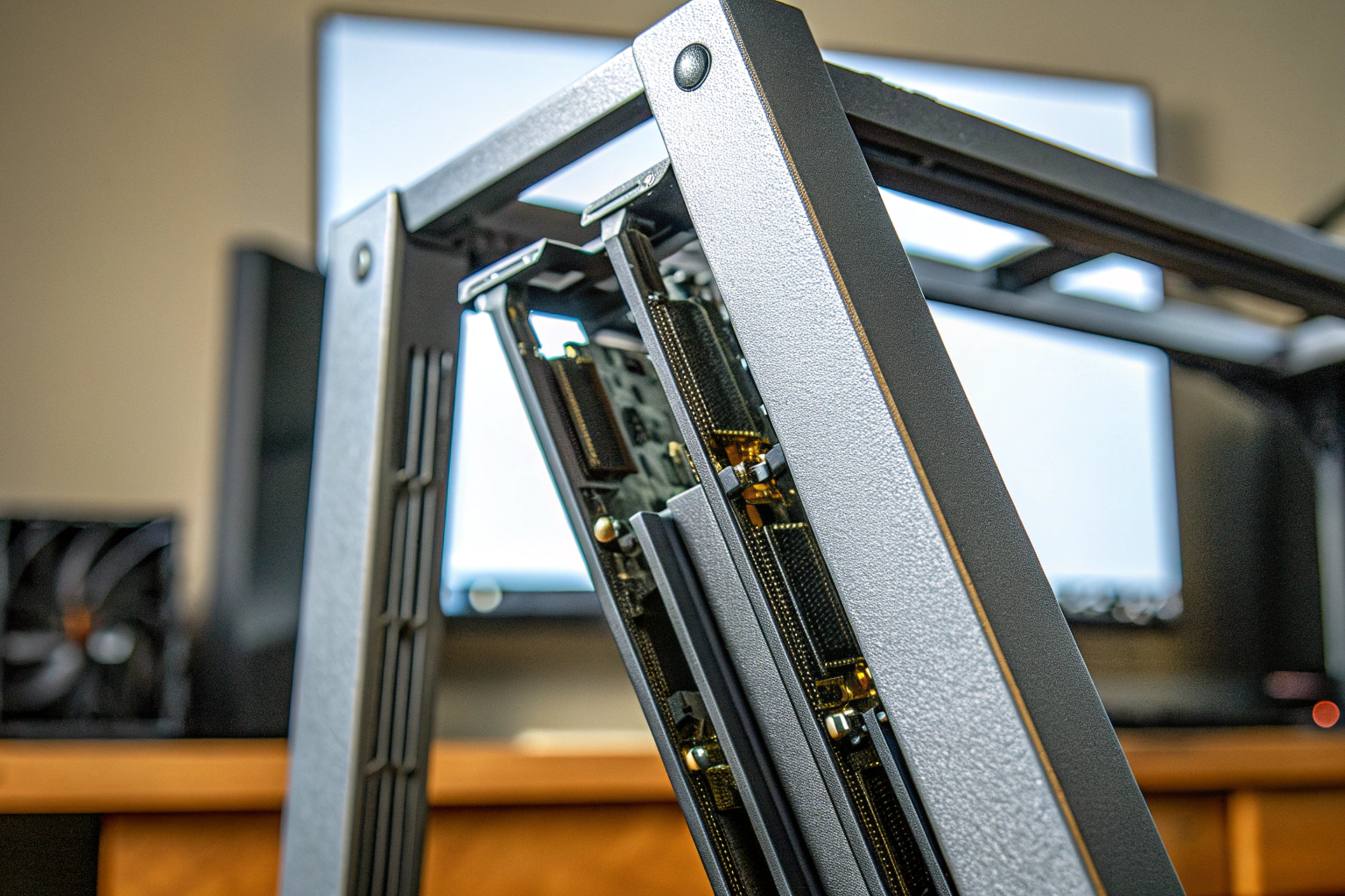 Nahaufnahme einer Grafikkartenhalterung, die eine große GPU stützt. Grafikkartenhalterung für große GPUs