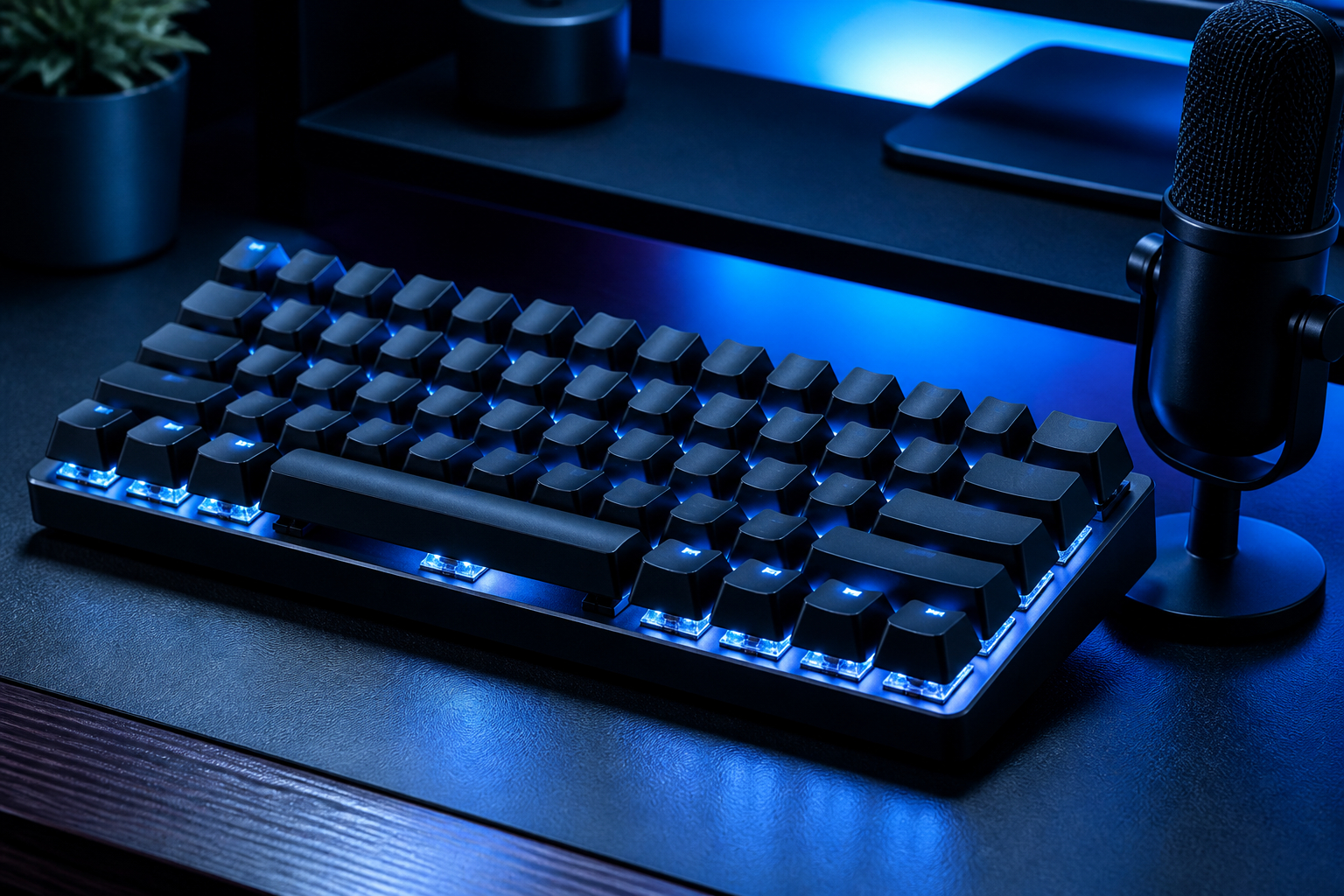 Klickende mechanische Tastatur mit blauem Schalter beim Tippen