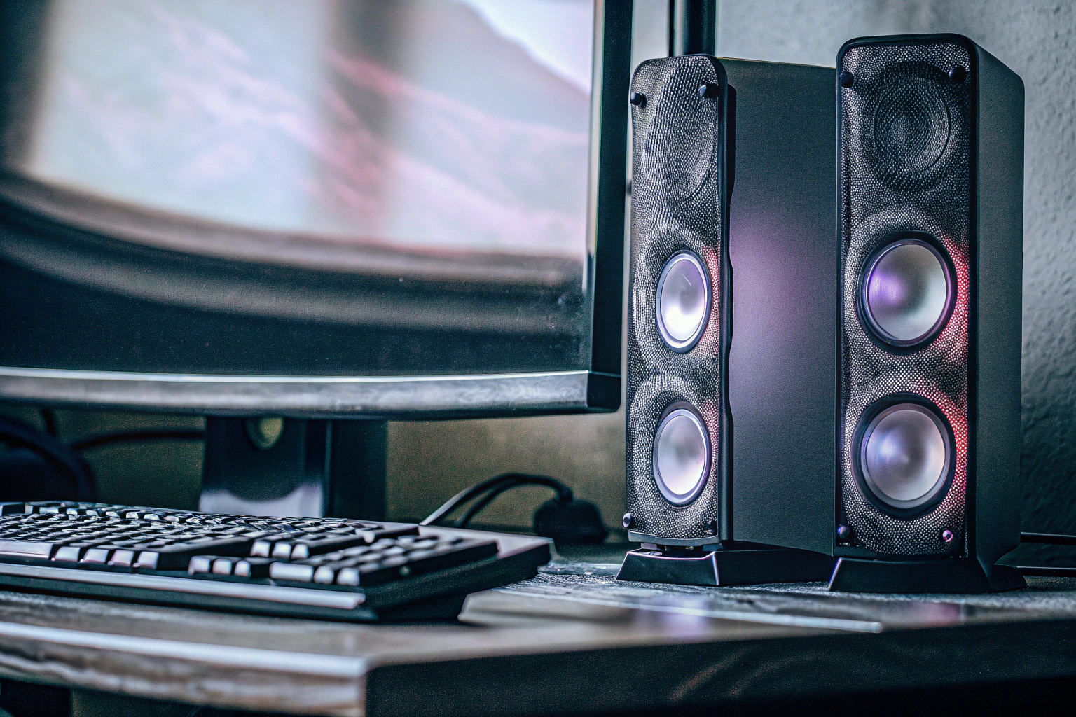 Nahaufnahme einer modernen Gaming-Station mit LED-beleuchteten Lautsprechern. Moderne Gaming-Station mit LED-Lautsprechern