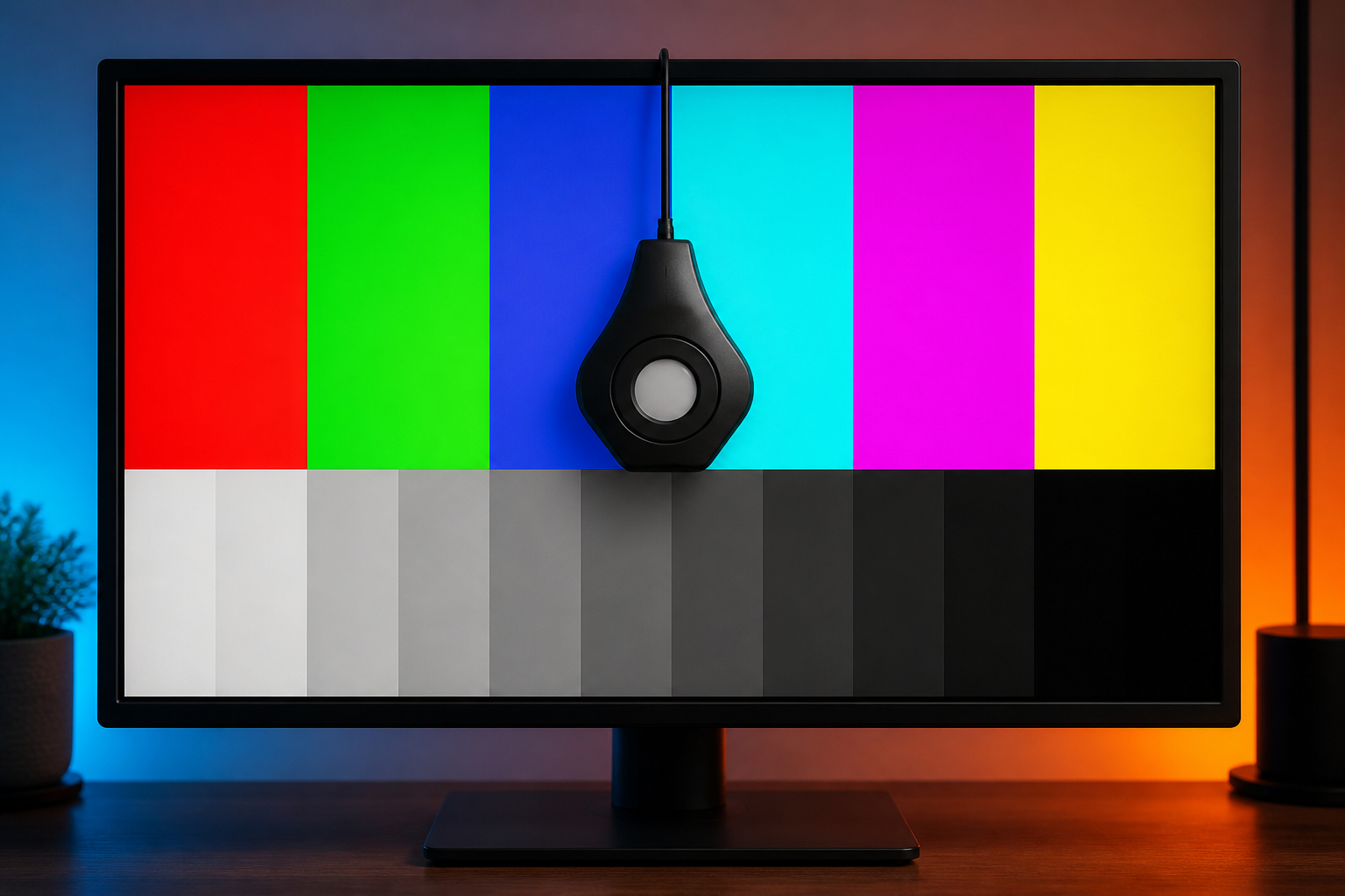 Colorimeter auf Gaming-Monitor während der Farbkalibrierung