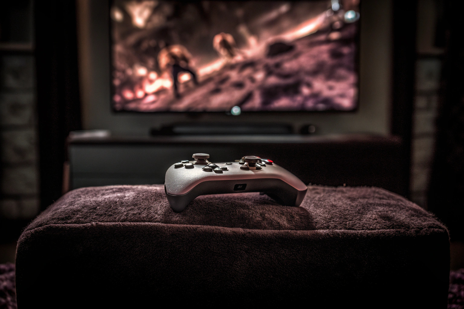 Nahaufnahme eines Gaming-Controllers vor einem Fernseher mit einem actiongeladenen Spiel auf dem Bildschirm. Gaming-Controller vor einem Fernseher