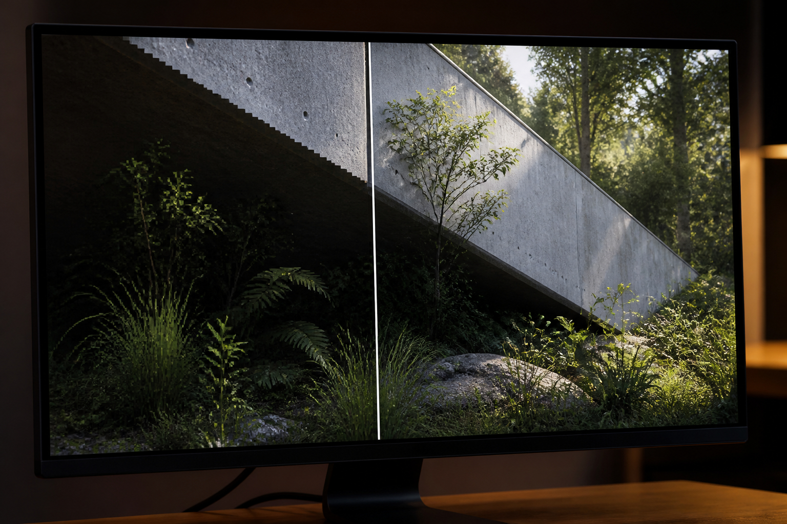 Gaming-Monitor mit sichtbaren Pixelkanten und Anti-Aliasing-Vergleich
