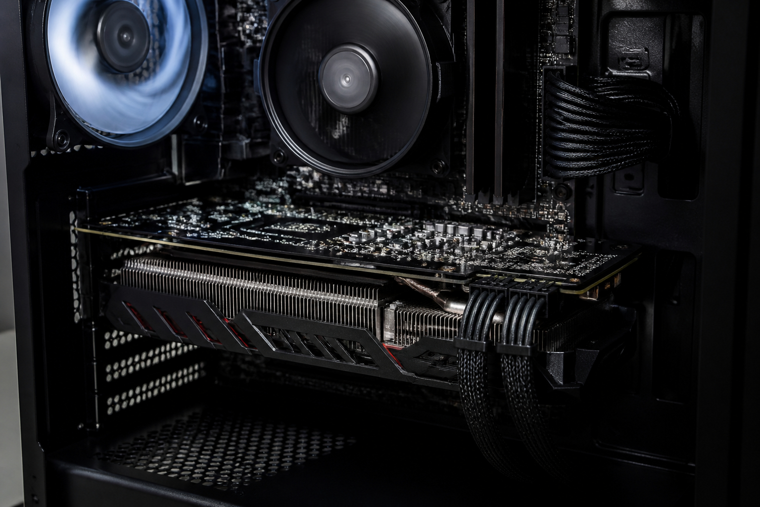 Gaming-PC mit Grafikkarte und Netzteil zur Diagnose von Spulenfiepen