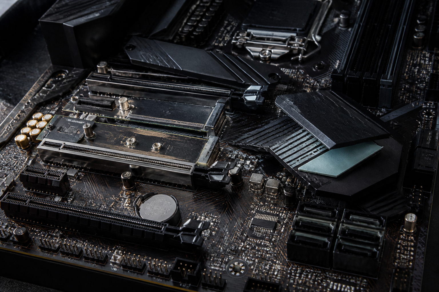 M.2-Steckplätze auf einem Mainboard mit Kühlabdeckungen