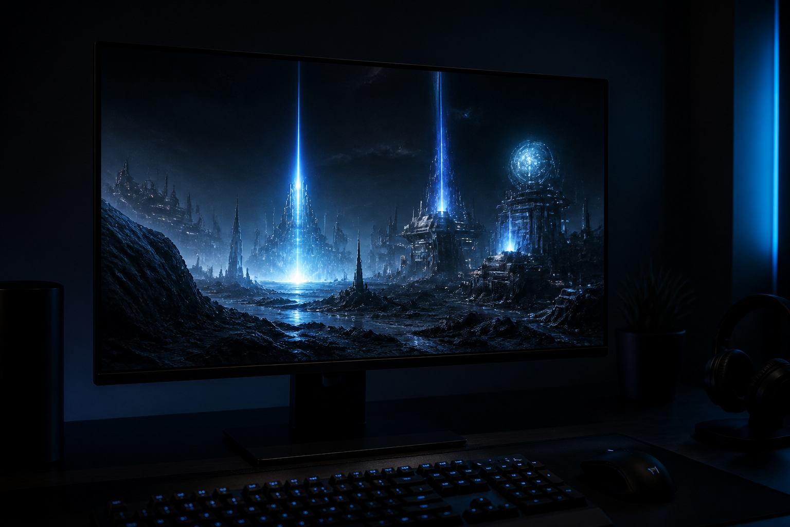 OLED Gaming Monitor mit tiefem Schwarz und starkem Kontrast in dunkler Spielszene