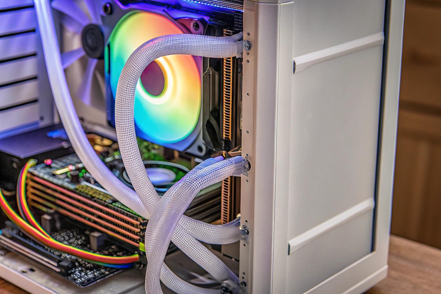 Nahaufnahme eines PC-Innenraums mit übertakteter Hardware und Kühlsystemen. PC-Innenraum mit übertakteter Hardware