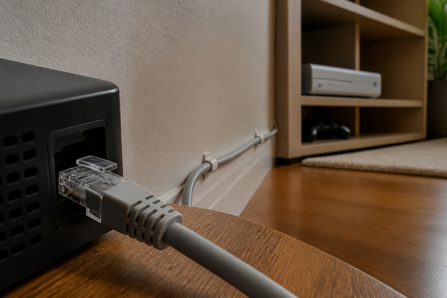 Ethernet-Stecker und ordentlich verlegtes Gaming-LAN-Kabel
