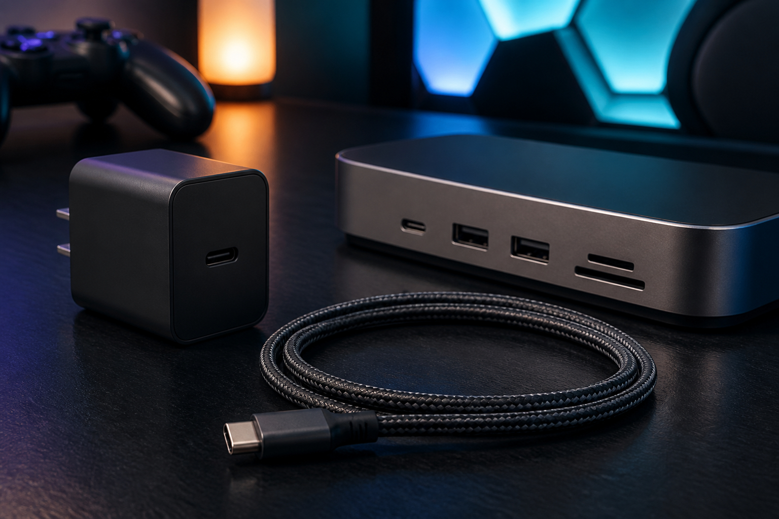 USB-C-Kabel und USB-PD-Netzteil für eine Dockingstation am Gaming-PC