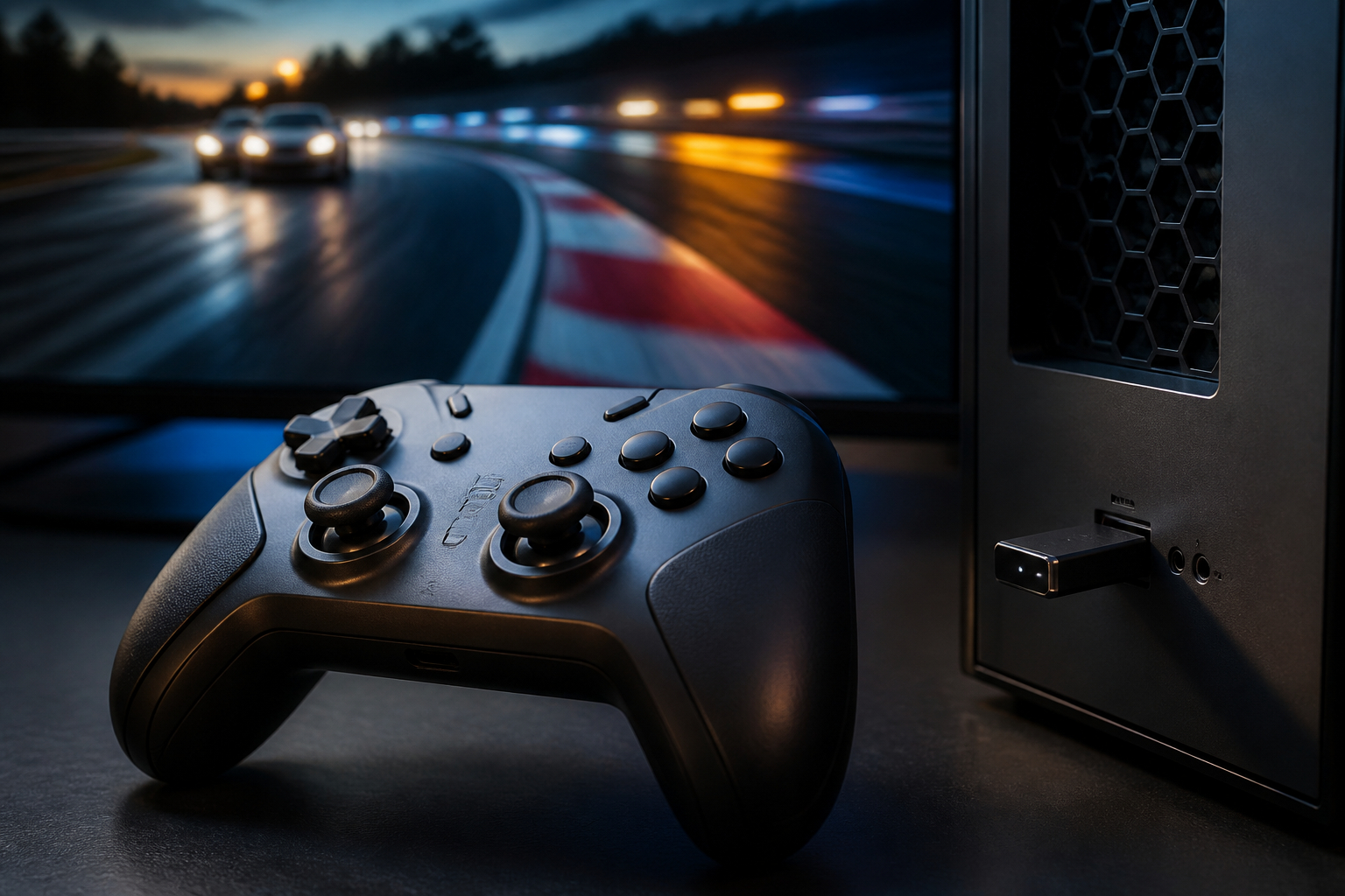 2,4-GHz-Dongle für kabellosen PC-Controller neben einem Gamepad
