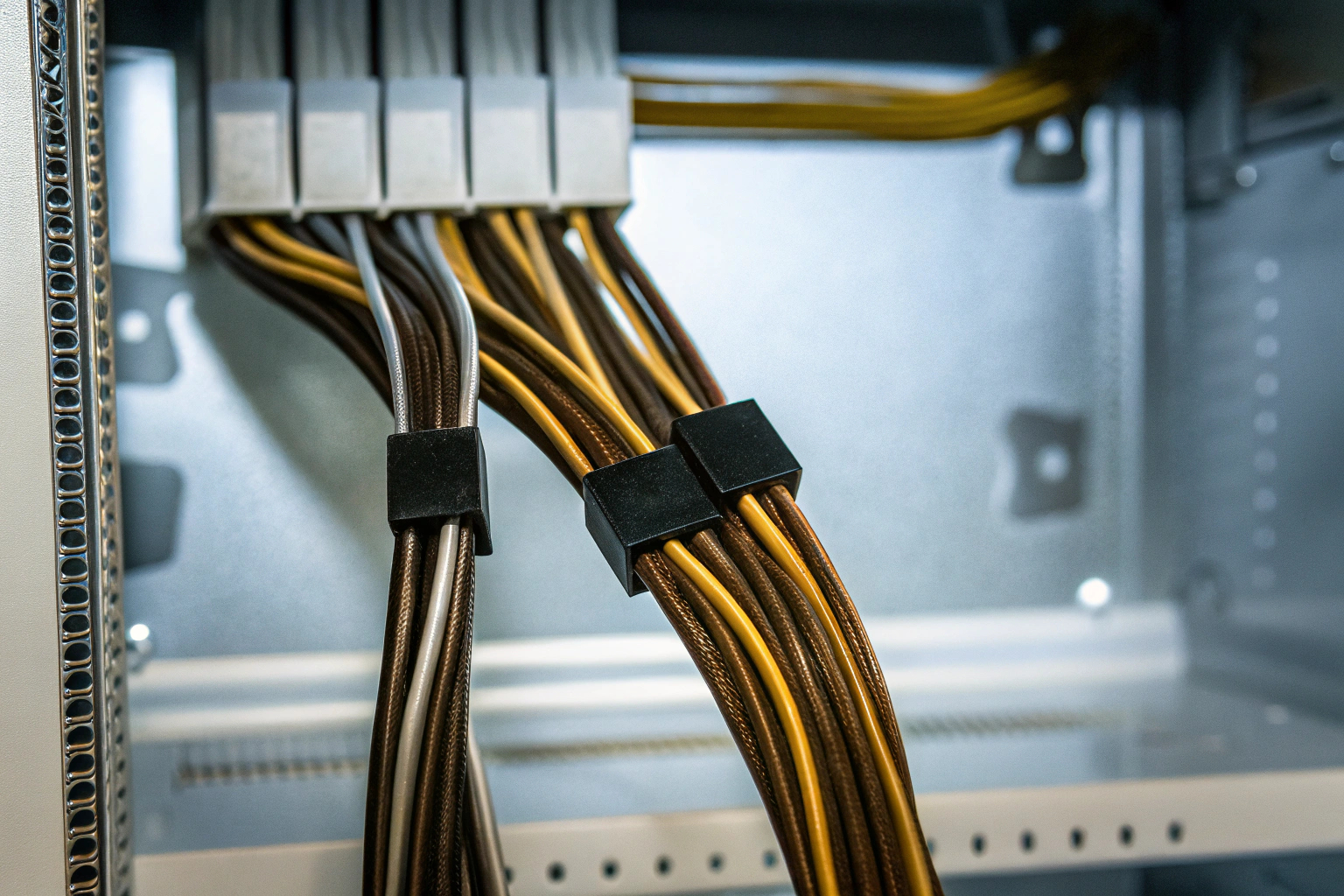 Nahaufnahme von Kabelmanagement hinter einem PC-Gehäuse PC-Kabelmanagement