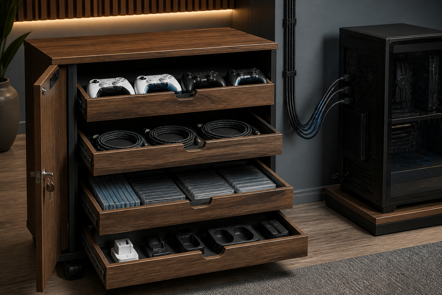 Gaming-Zubehör sicher im verschlossenen Schrank aufbewahren