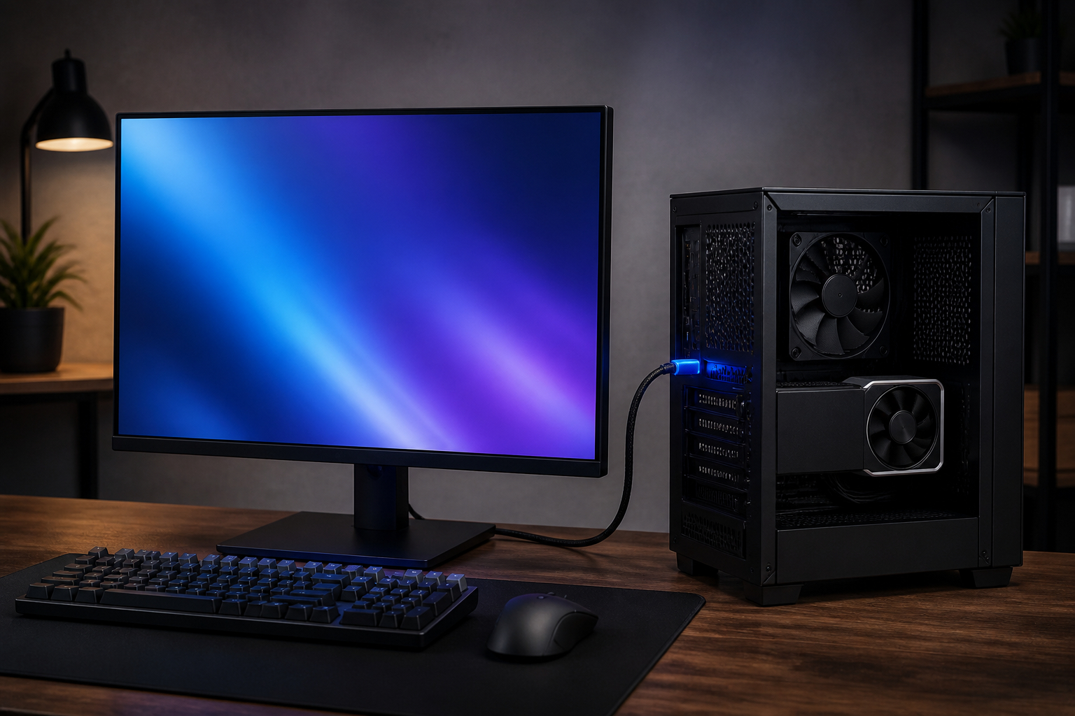 DisplayPort-Kabel ordentlich am Gaming-PC verlegt