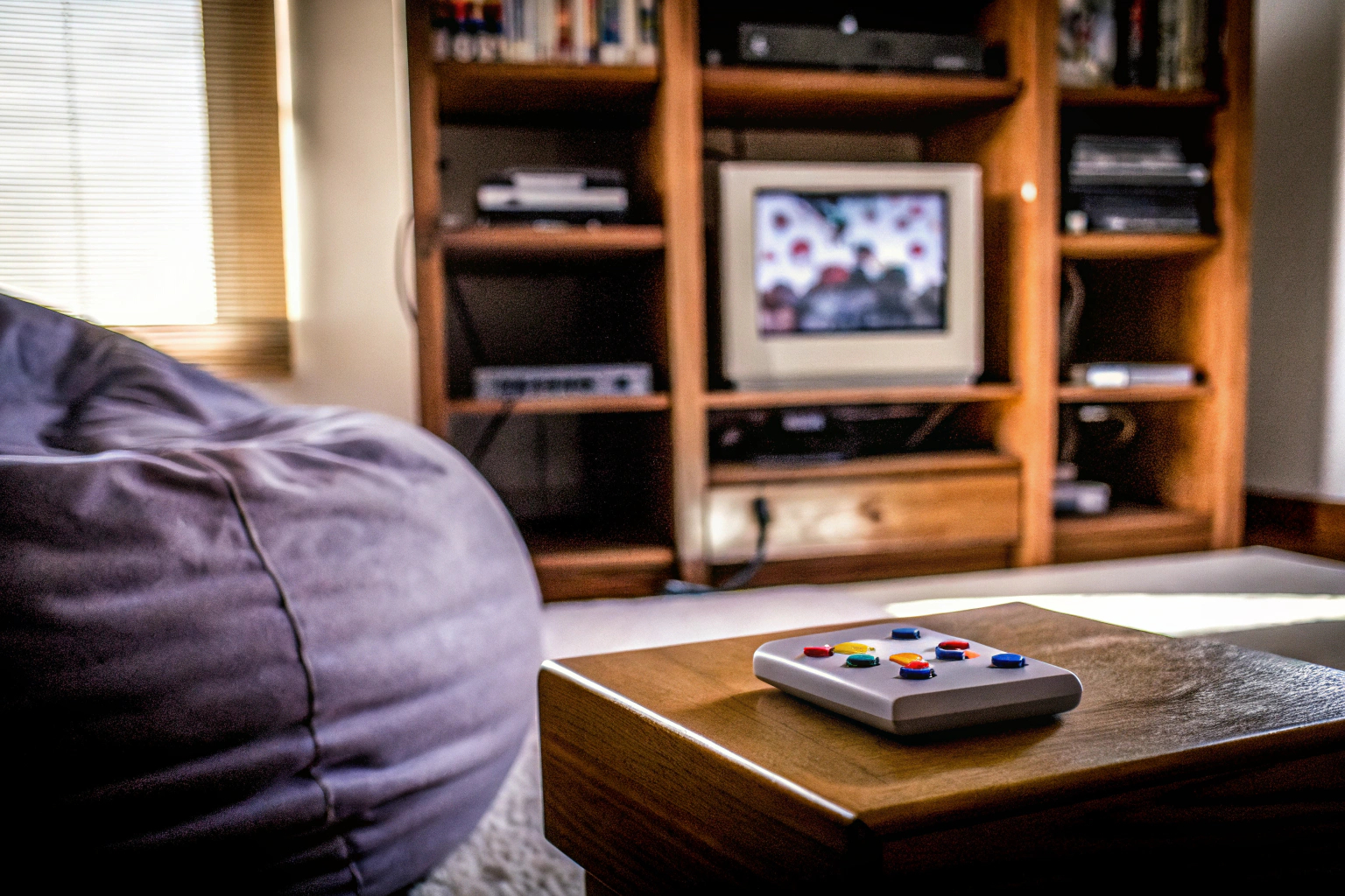 Person, die auf einer Mini-Retro-Konsole spielt, mit nostalgischen Spielelementen im Hintergrund Mini-Retro-Konsole im Einsatz