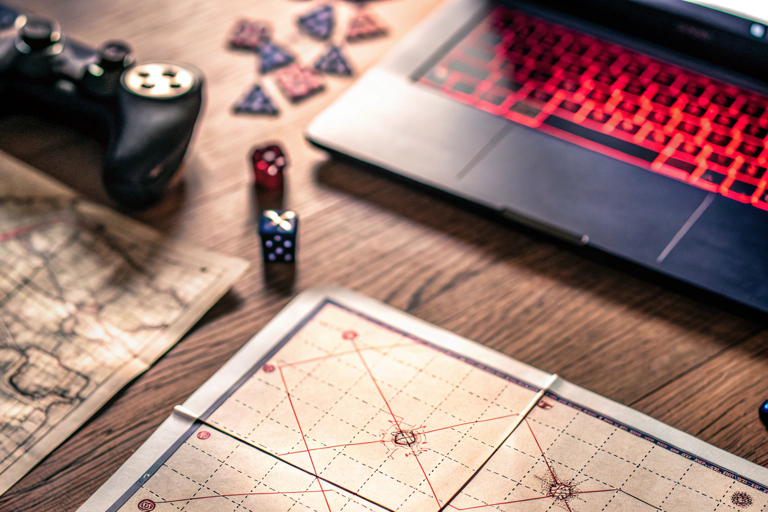 Planungsphase mit Strategiekarten und Notizen auf dem Tisch. Strategietreffen mit Gaming-Karten