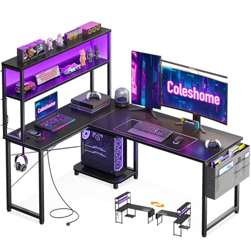 Coleshome Gaming Tisch L Form mit LED & Steckdosen
