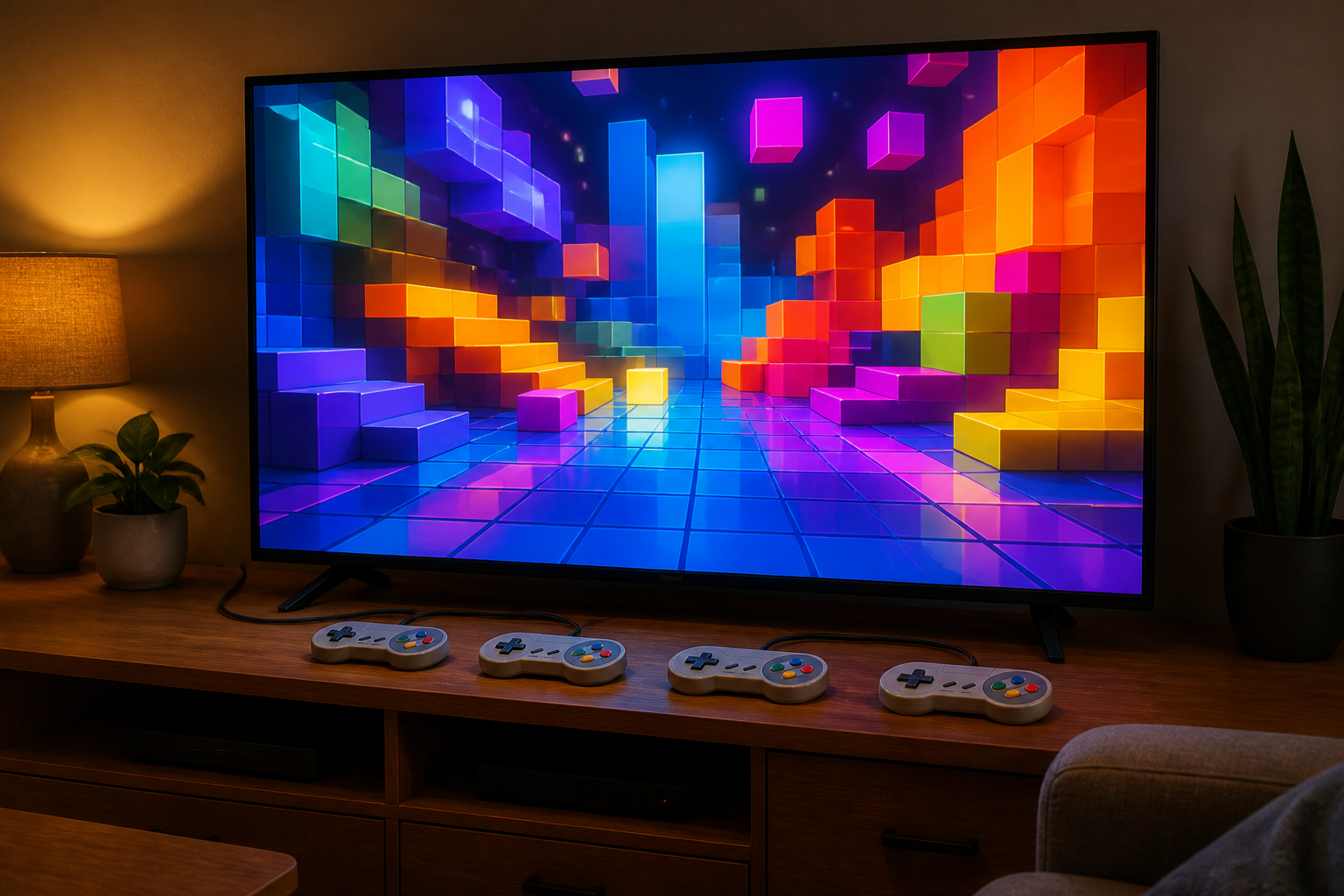 Familie und Freunde beim Retro-Gaming mit mehreren Controllern