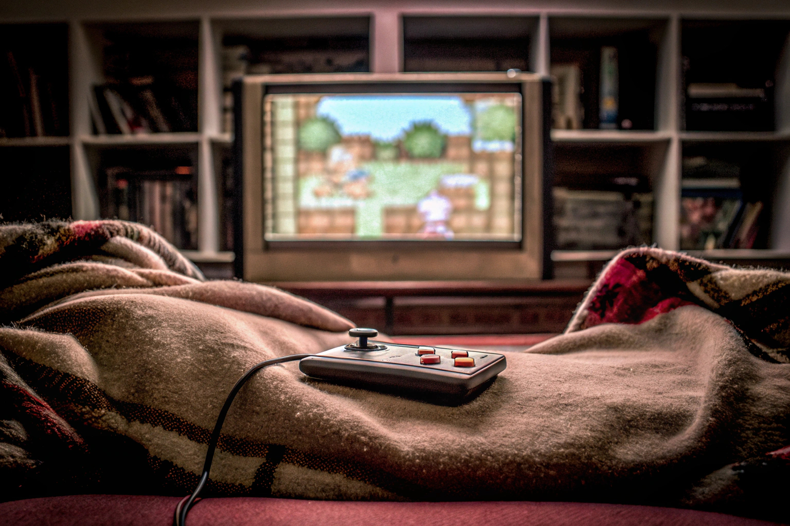 Retro-Spielkonsole mit klassischem 8-Bit-Spiel auf dem Bildschirm. Retro-Spielkonsole