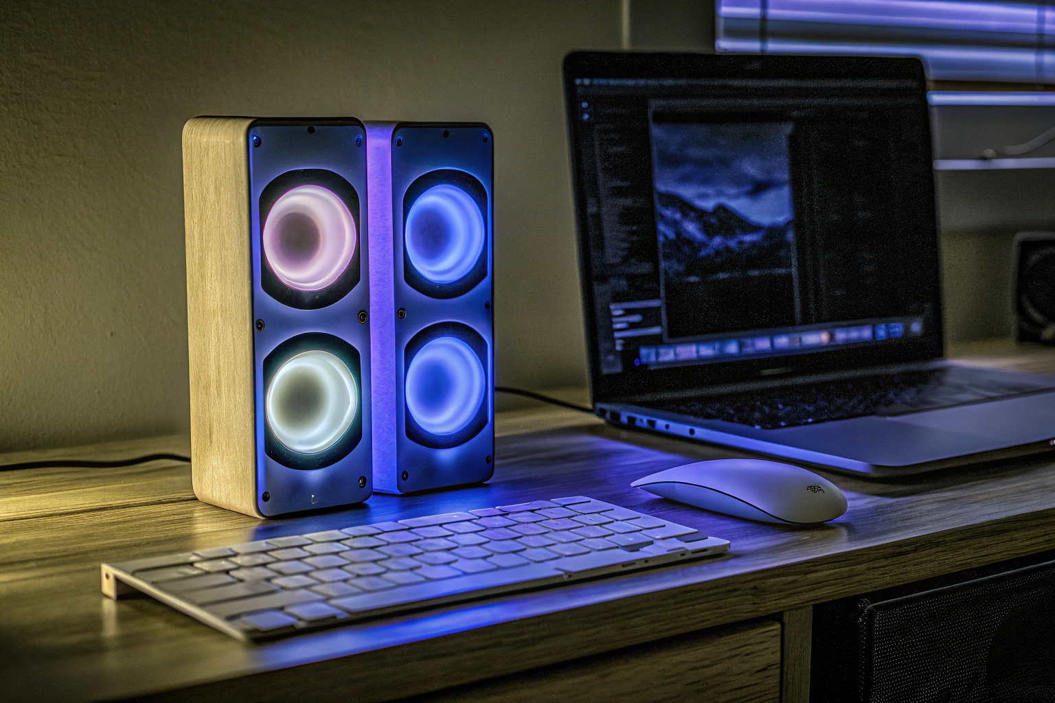 RGB-Lautsprecher auf einem Schreibtisch RGB-Lautsprecher Schreibtisch