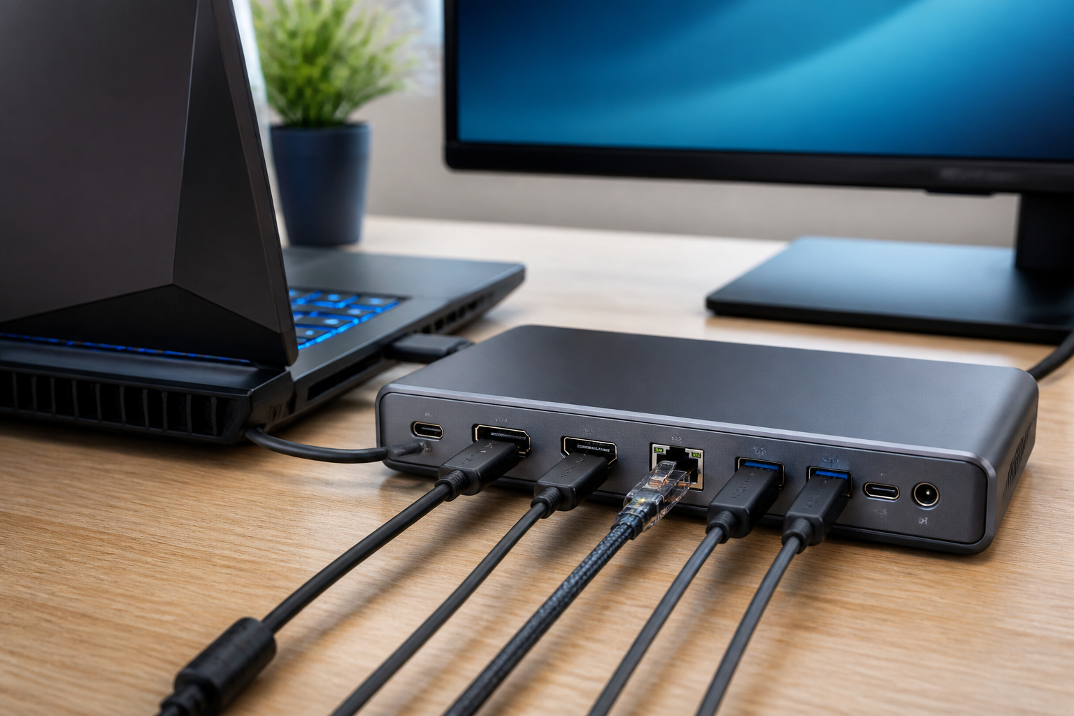 Anschlüsse einer USB-C-Dockingstation für Gaming-Laptop Monitor Ethernet Maus und Tastatur