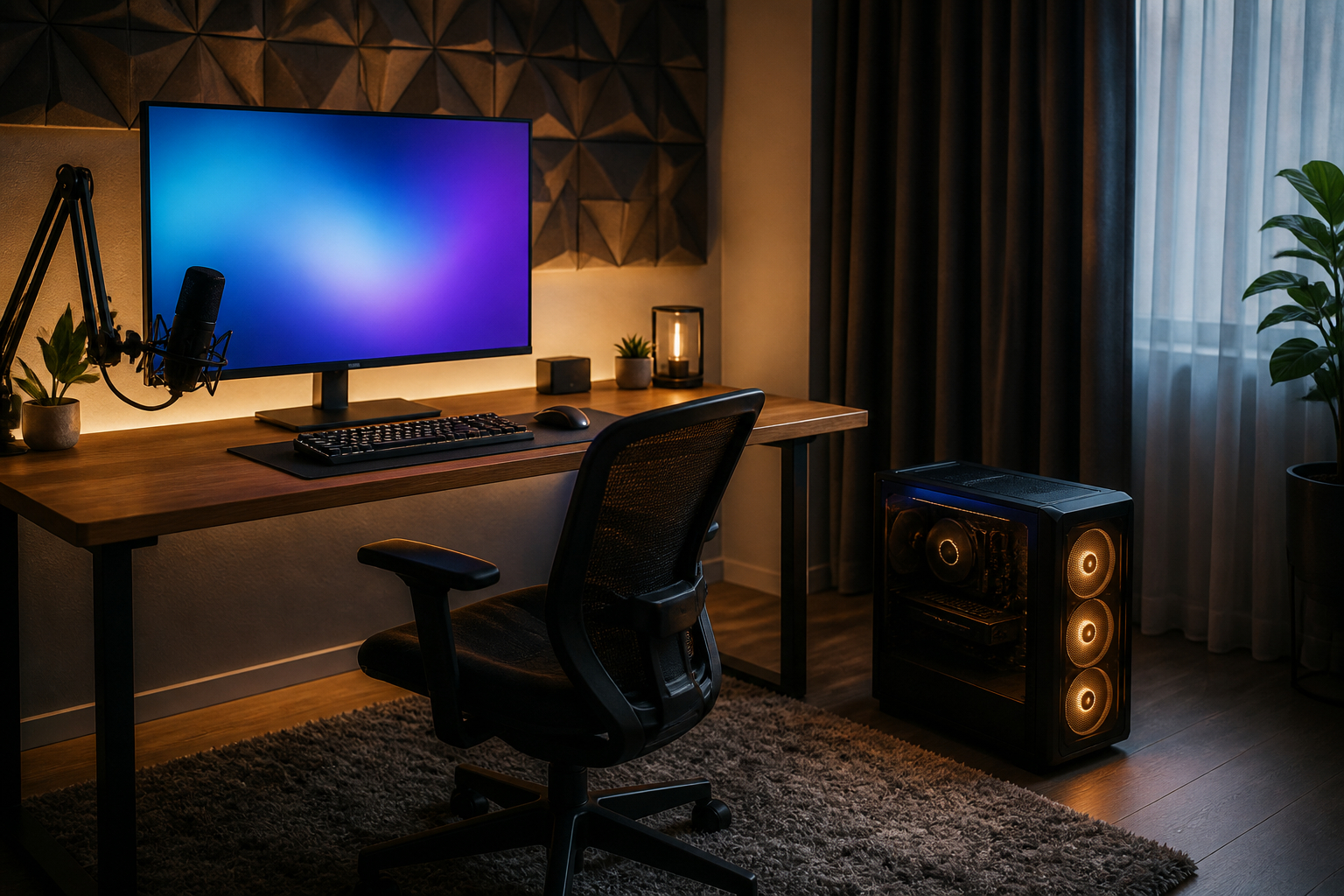 Akustisch optimierter Gaming-Raum mit PC und Schallabsorbern