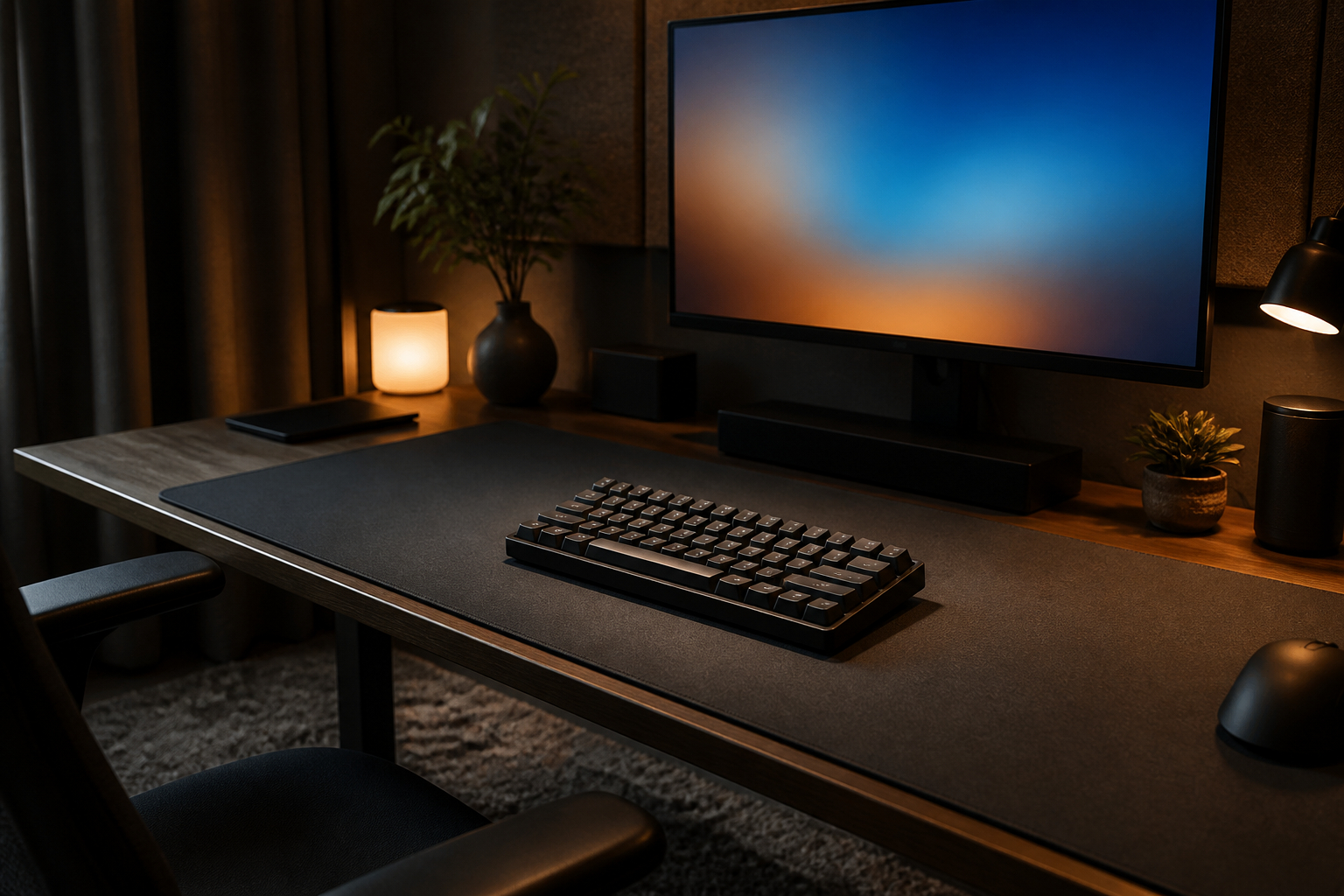 Leises Gaming-Setup mit Tastatur und Deskmat