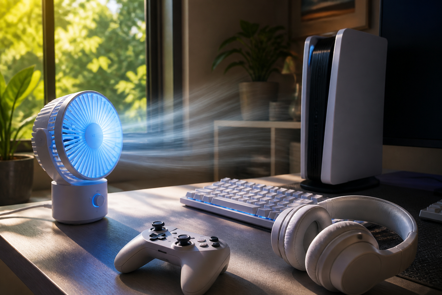 USB-Ventilator neben Gaming-Zubehör sicher aufstellen