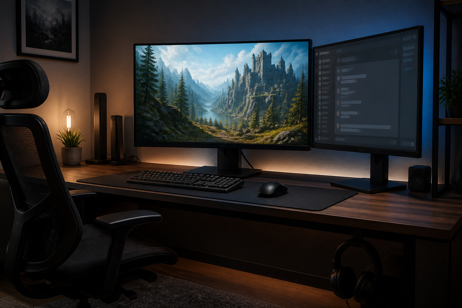 Aufgeräumtes Dual-Monitor-Gaming-Setup zur Vermeidung von Ablenkung