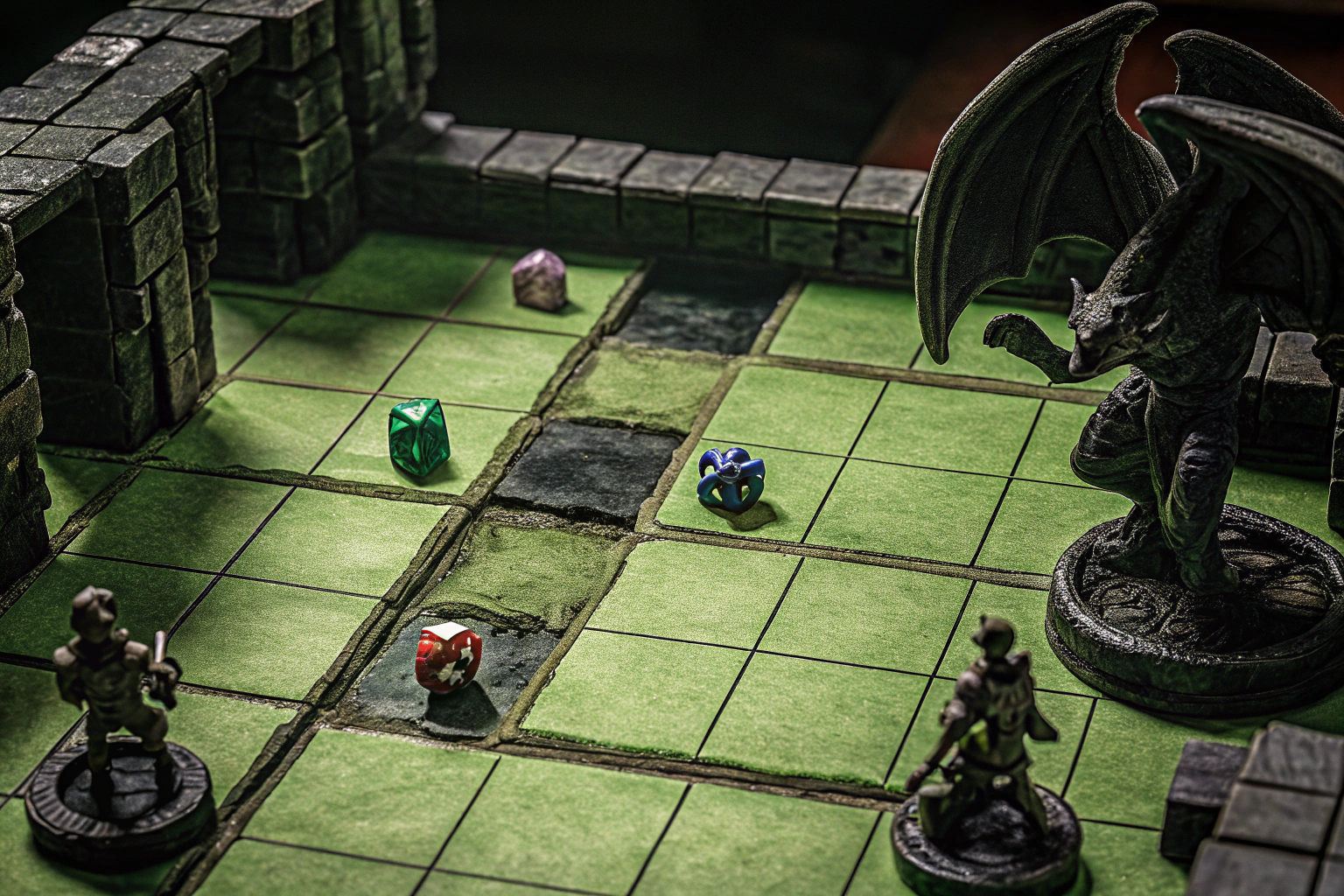 Spielbereich eines Tischrollenspiels mit Figuren und Würfeln, zeigt Multitasking im Einsatz. Multitasking beim Tabletop