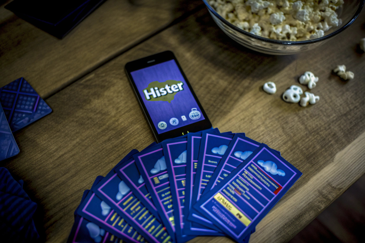 Spielkarten von Hitster und ein Smartphone mit geöffneter App Hitster Spielkarten und App