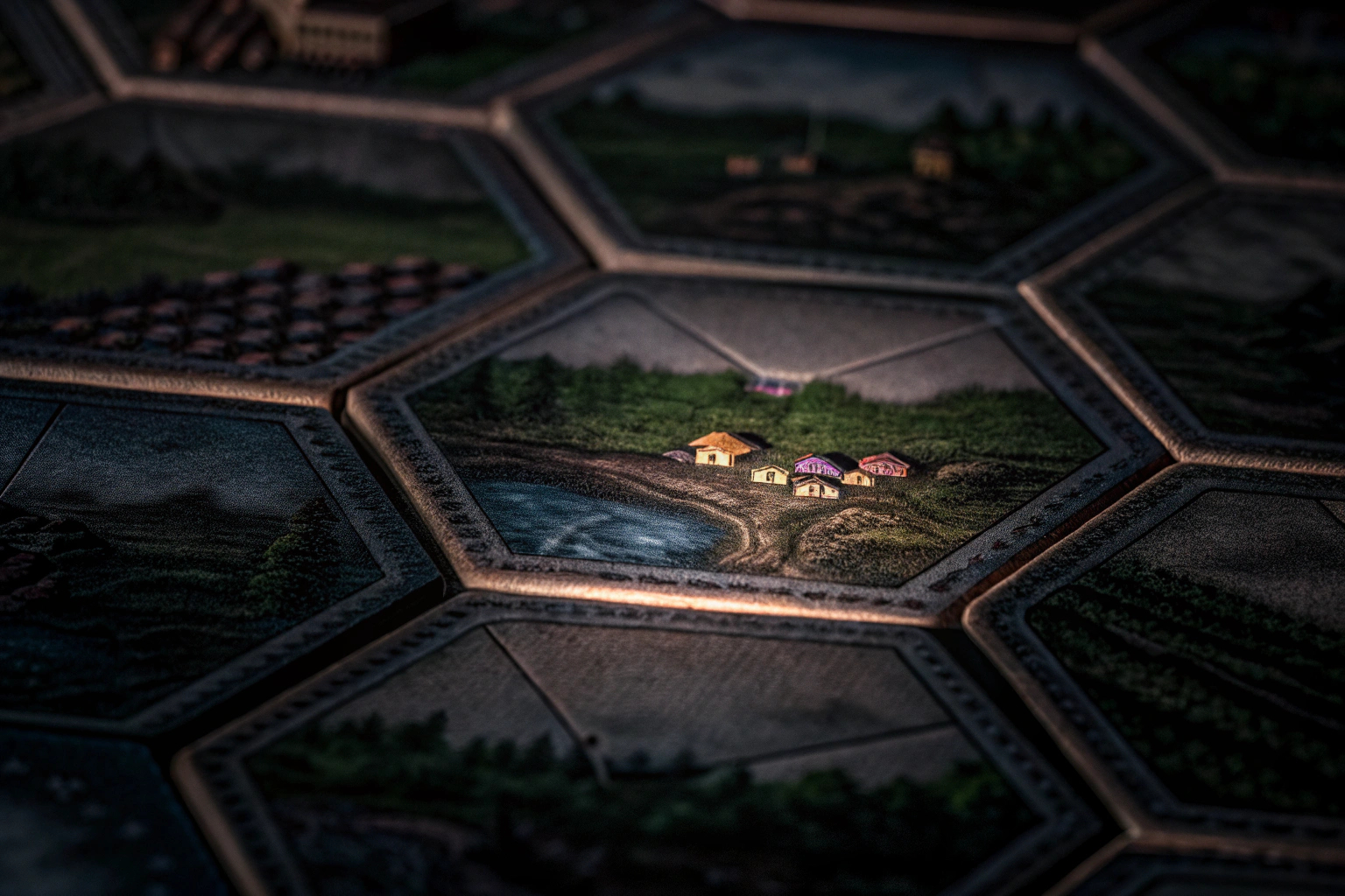 Spielszene aus Dorfromantik, das kooperative Legespiel von Pegasus Spiele. Dorfromantik Spielszene