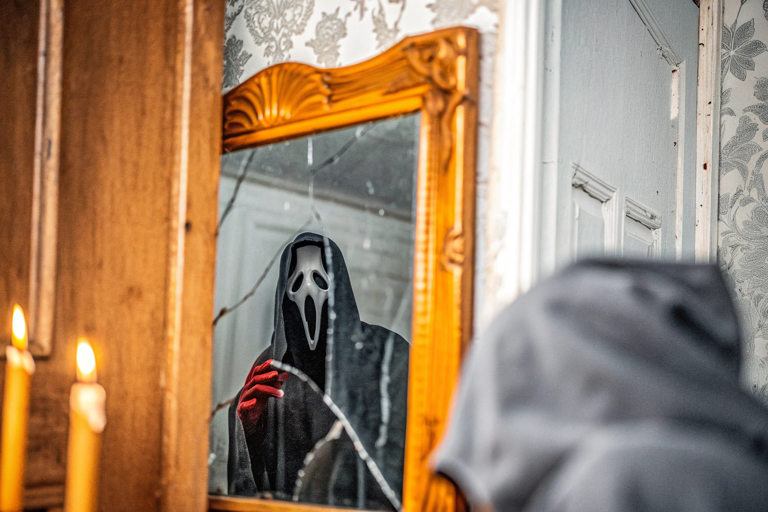 Spielszene aus 'Scream The Game', die das dramatische Katz-und-Maus-Spiel mit Ghost Face zeigt. Scream The Game Spielszene