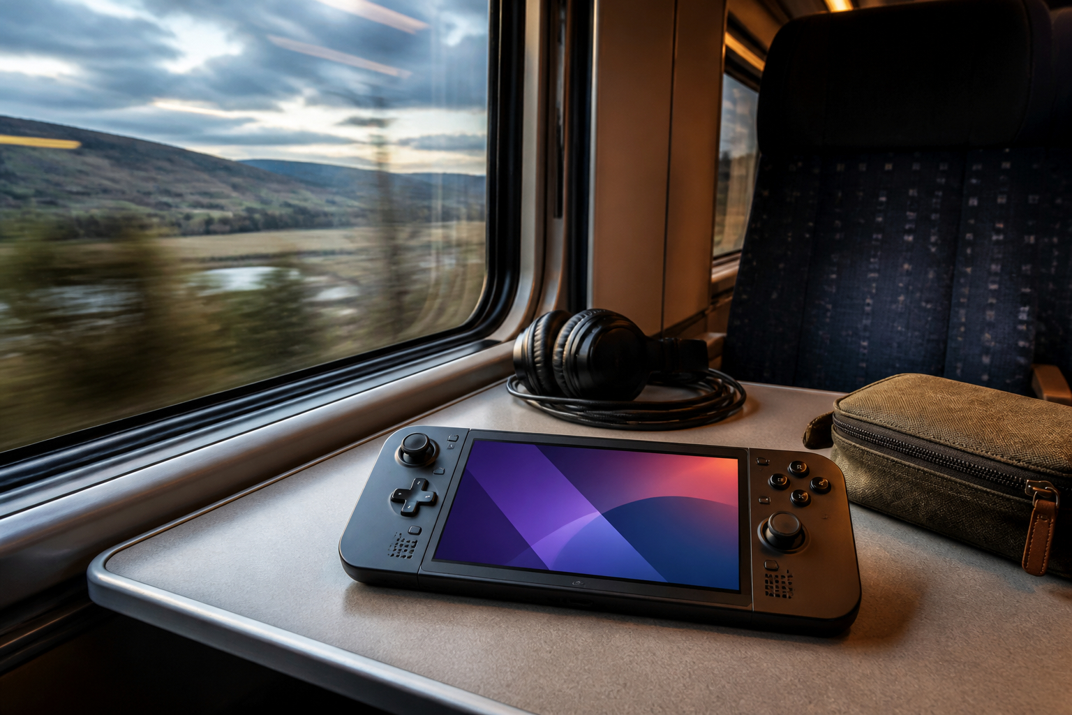 Gaming-Handheld unterwegs im Zug für mobiles PC-Gaming