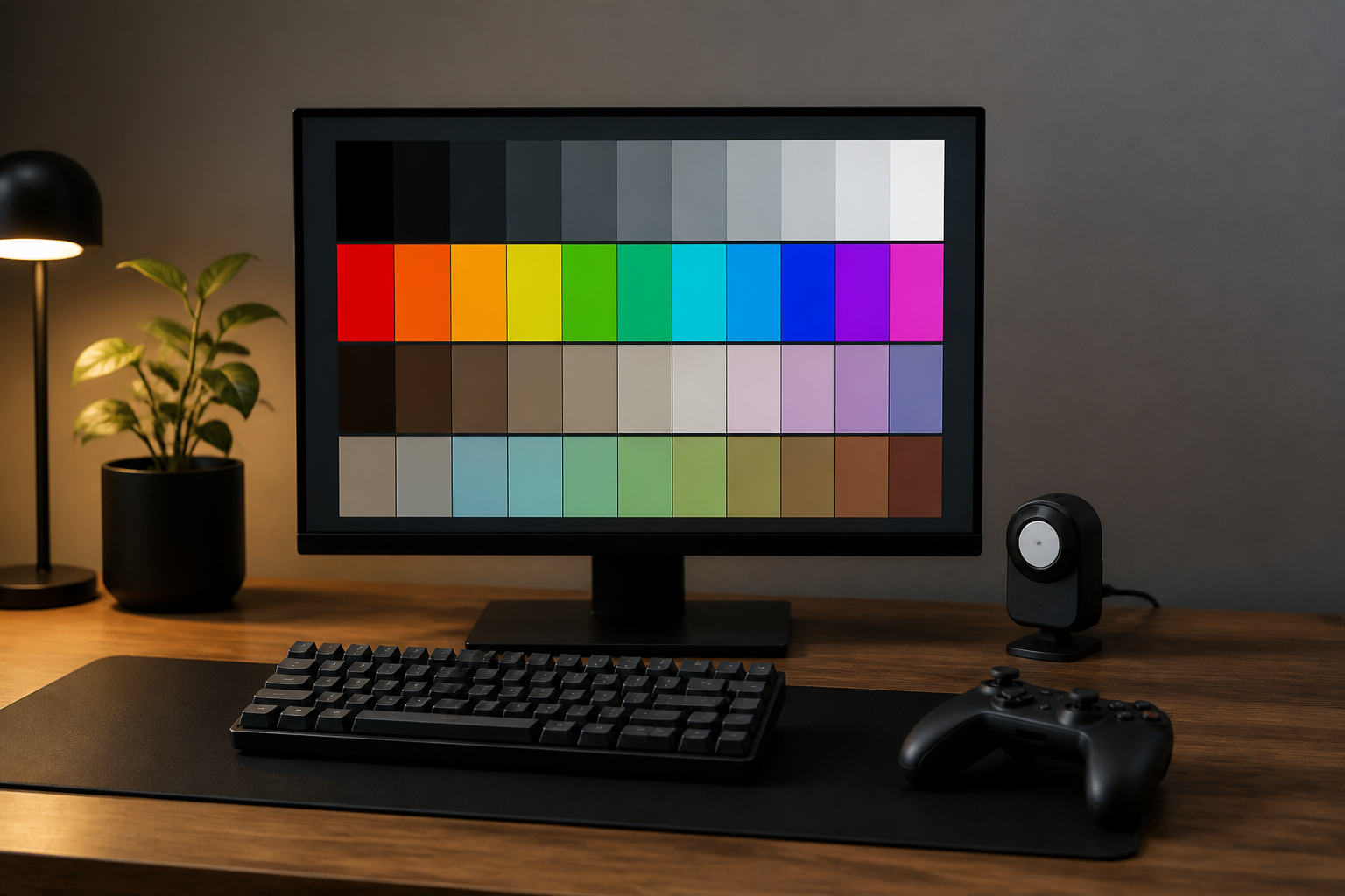 Gaming-Monitor mit Farbtestbild zur Monitorkalibrierung