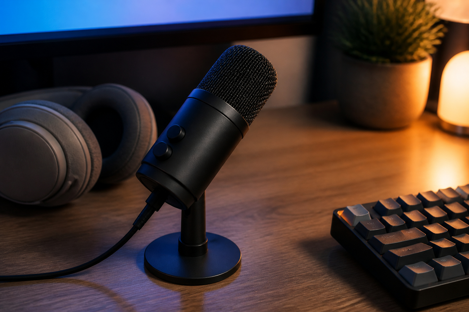 USB-Mikrofon auf einem Gaming-Schreibtisch für besseren Stream-Ton
