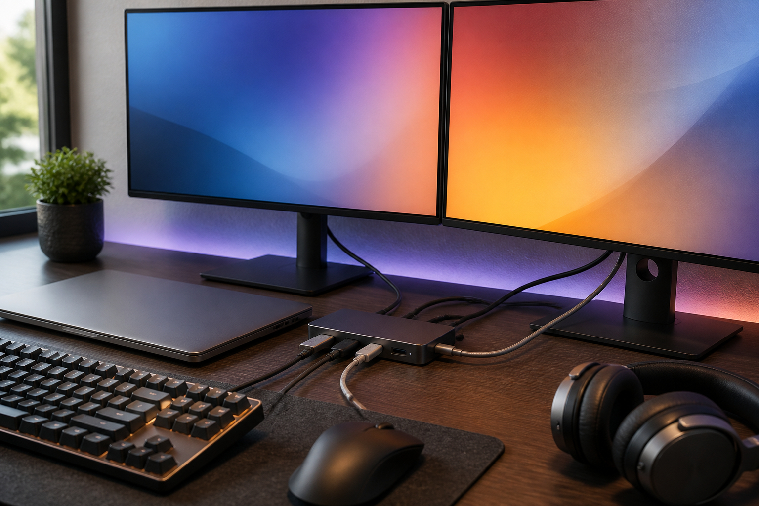 USB-C-Dockingstation am aufgeräumten Gaming-Schreibtisch mit zwei Monitoren