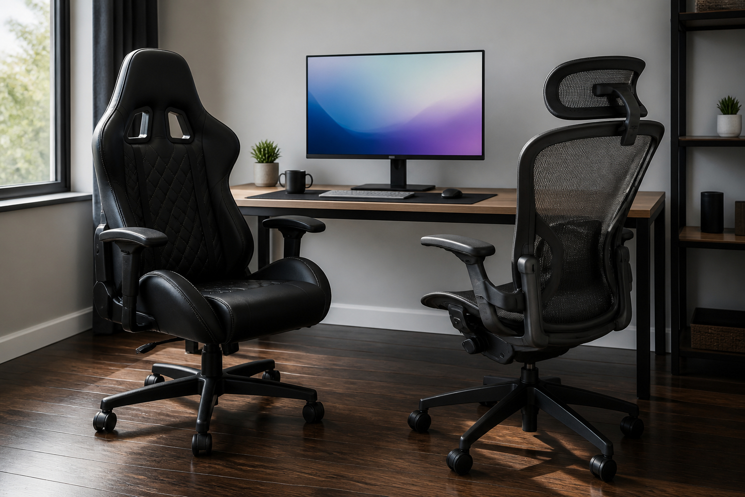 Gaming-Stuhl und ergonomischer Bürostuhl im Vergleich am Schreibtisch