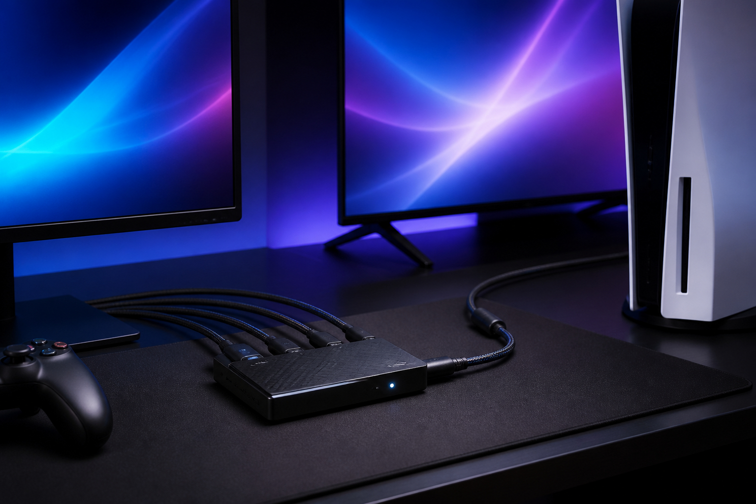 Capture Card mit HDMI- und USB-Anschlüssen im Konsolen-Streaming-Setup