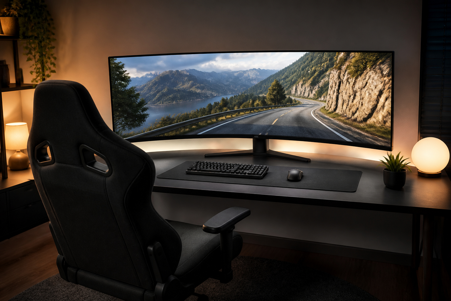 Spieler nutzt einen gebogenen 34 Zoll Ultrawide Gaming Monitor