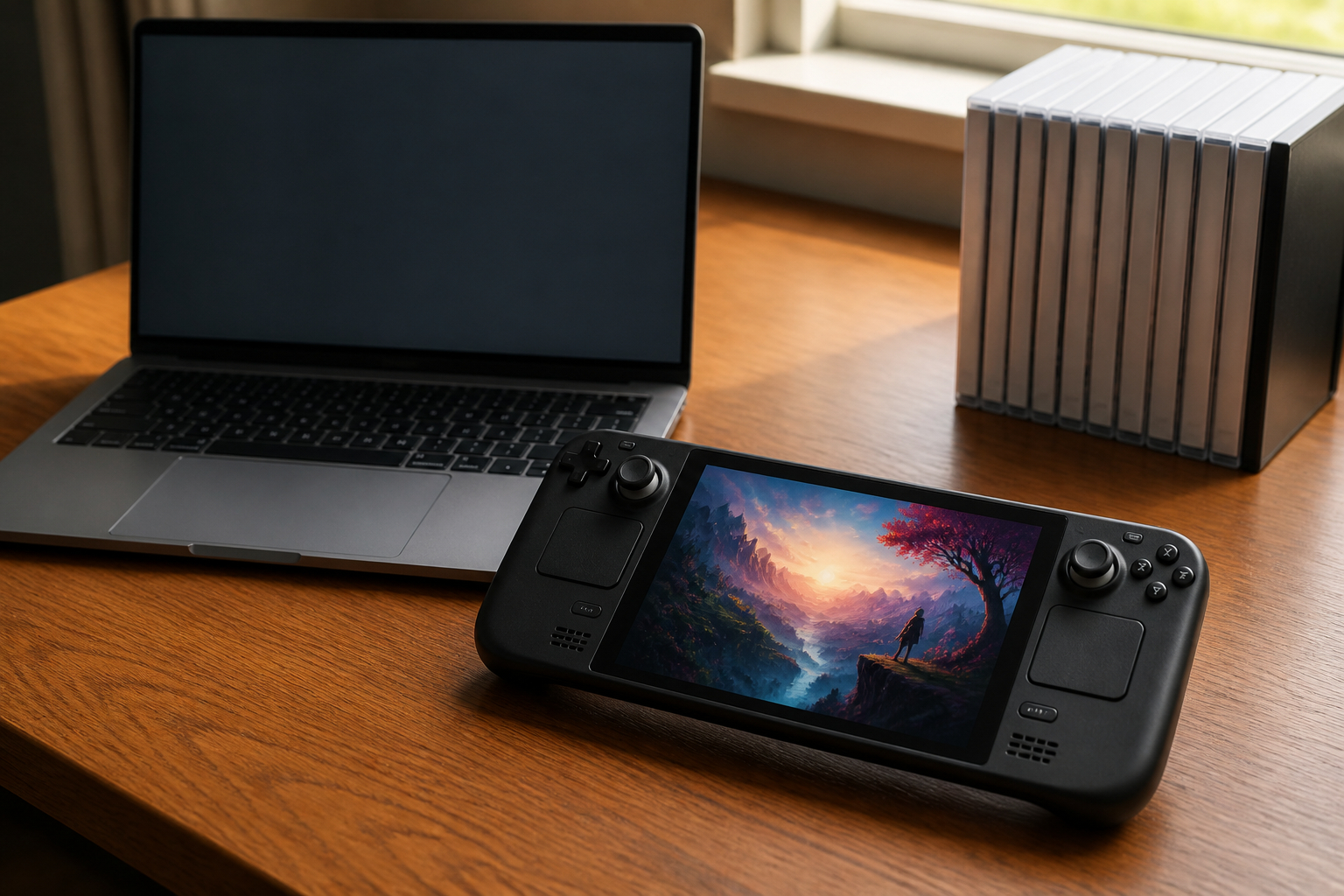 Gaming-Handheld und Laptop im Vergleich auf einem Schreibtisch
