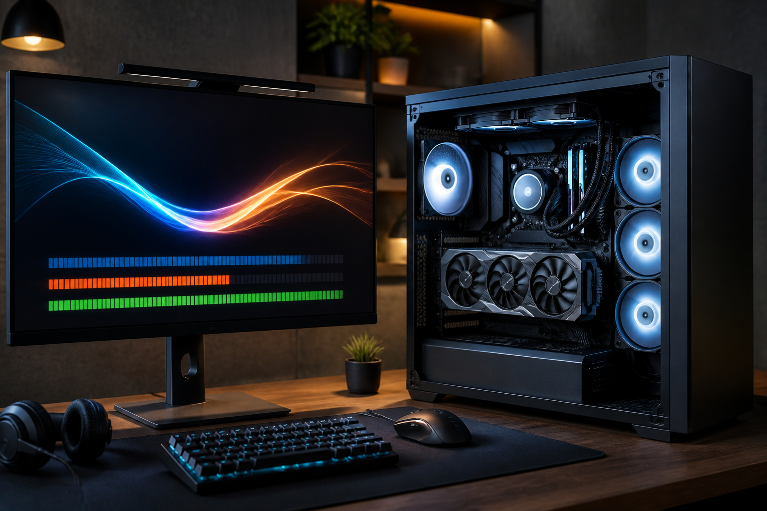 Gaming-PC mit Leistungsanzeige für CPU GPU und FPS