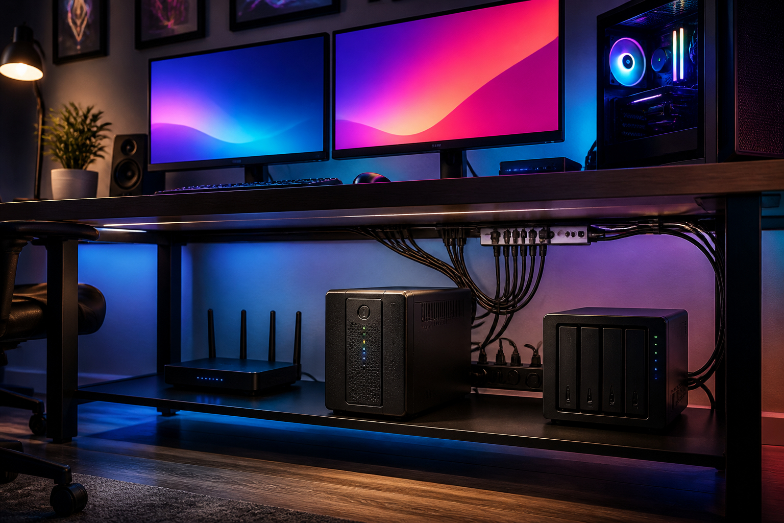Gaming Setup mit PC Monitor Router NAS und USV
