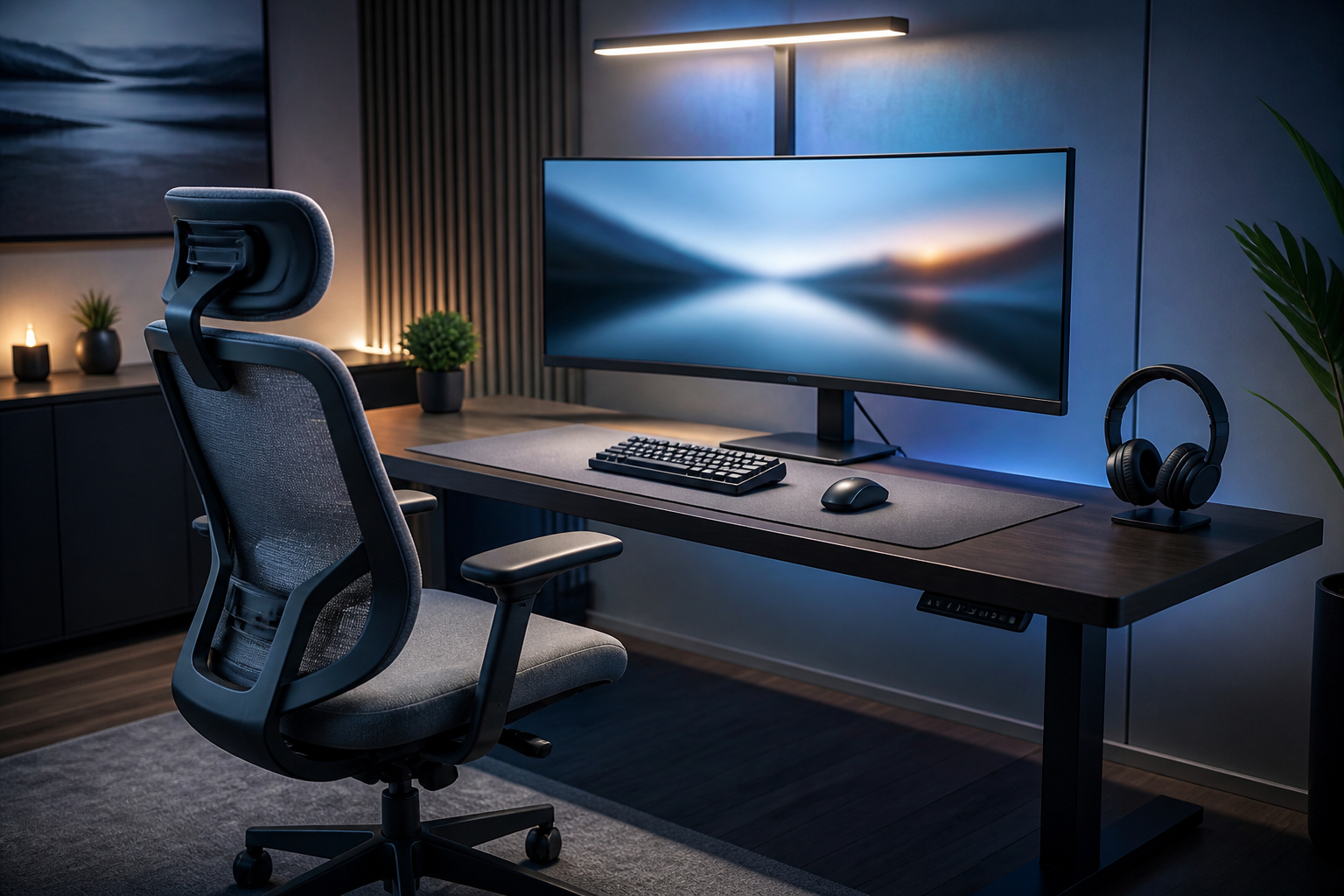 Ergonomischer Schreibtisch mit Curved Ultrawide Monitor und Gaming Zubehör