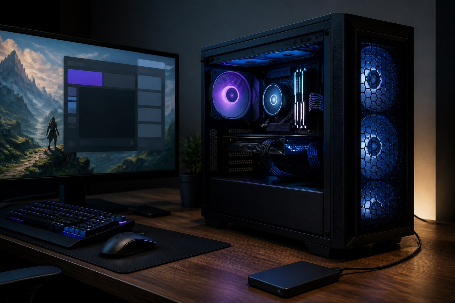 Gaming-PC mit Mod-Manager und externer Festplatte für sichere Backups